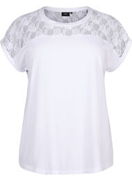 Kort&aelig;rmet bomulds t-shirt med blonder, Bright White