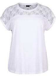 Kortærmet bomulds t-shirt med blonder, Bright White