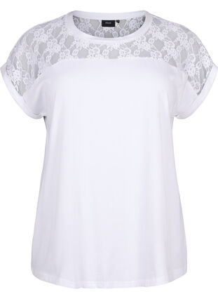 Kortærmet bomulds t-shirt med blonder, Bright White, Packshot image number 0