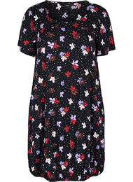 Kortærmet viskose kjole med print, Black Dot Flower