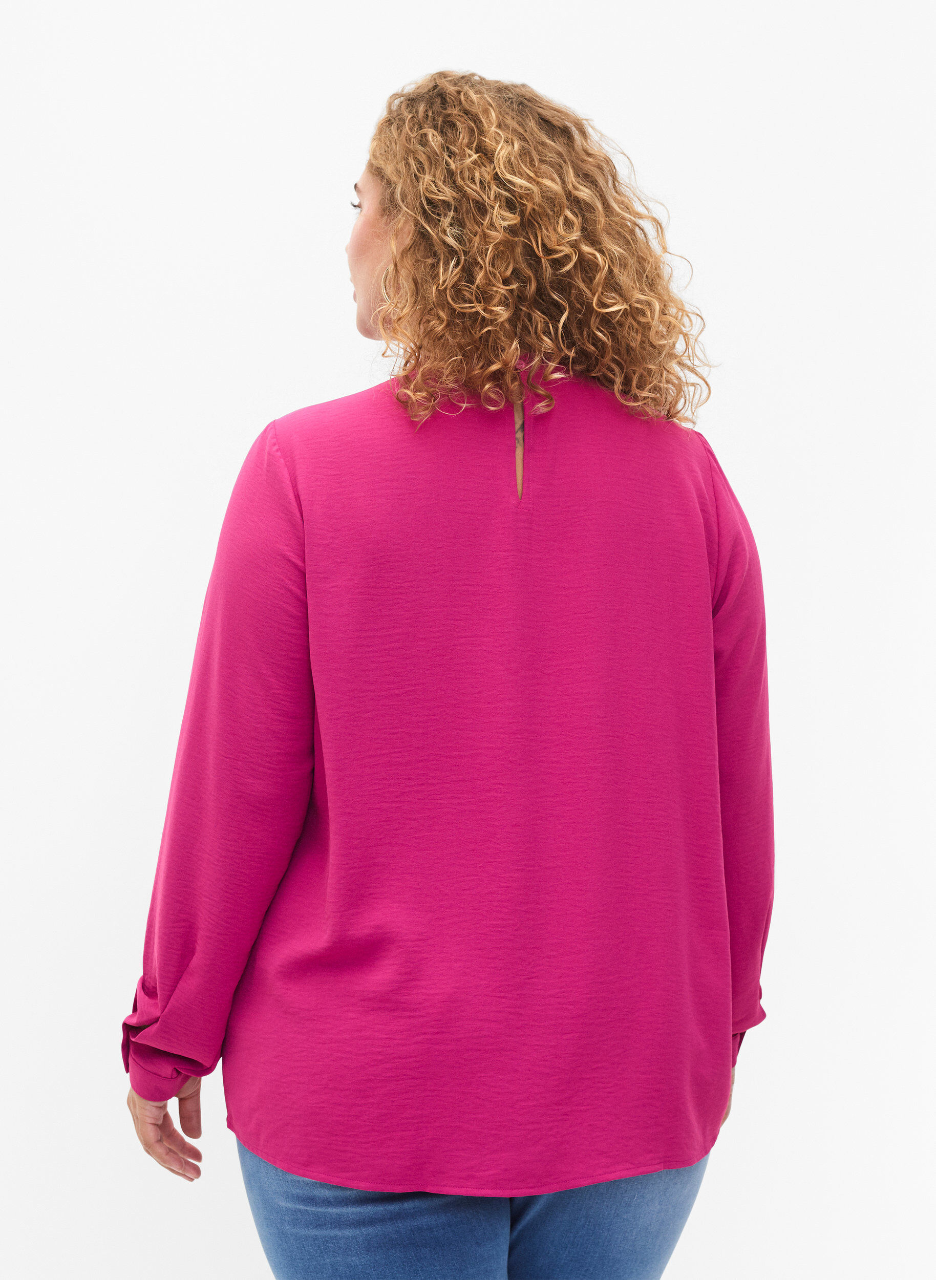 Zizzi Bluse med lange &aelig;rmer og blondedetalje, Festival Fuchsia, Model image number 1