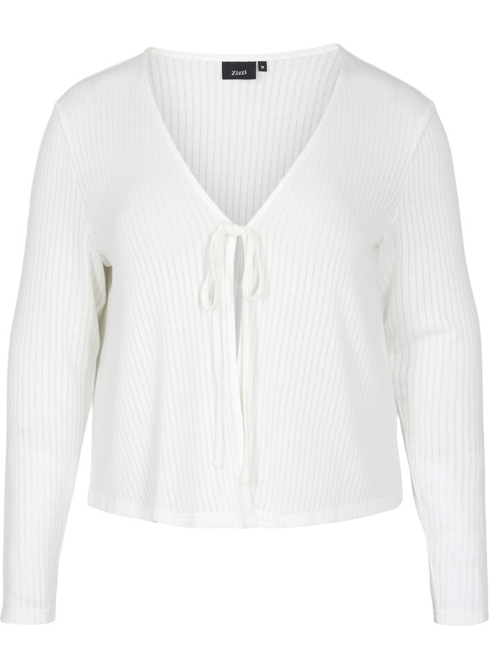 Ribbet cardigan med bindesnøre, White, Packshot image number 0