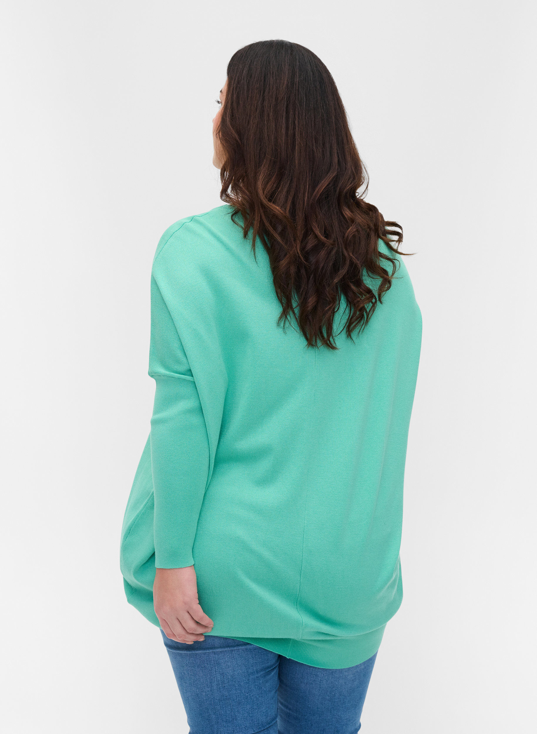 Zizzi Strikbluse med rund halsudsk&aelig;ring, Dusty Jade Green, Model image number 1