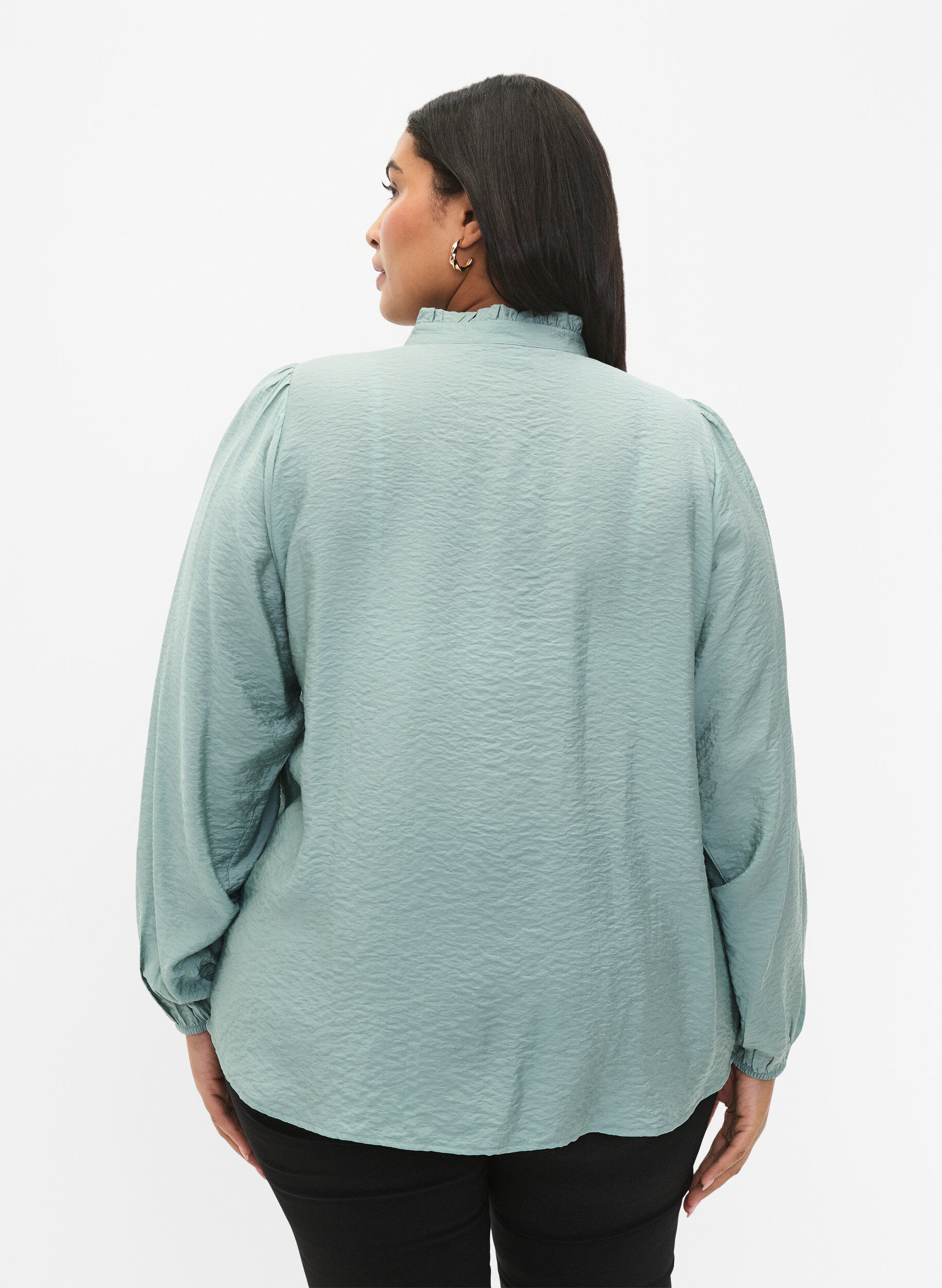 Zizzi Skjortebluse i viskose med fl&aelig;sekrave, Chinois Green, Model image number 1