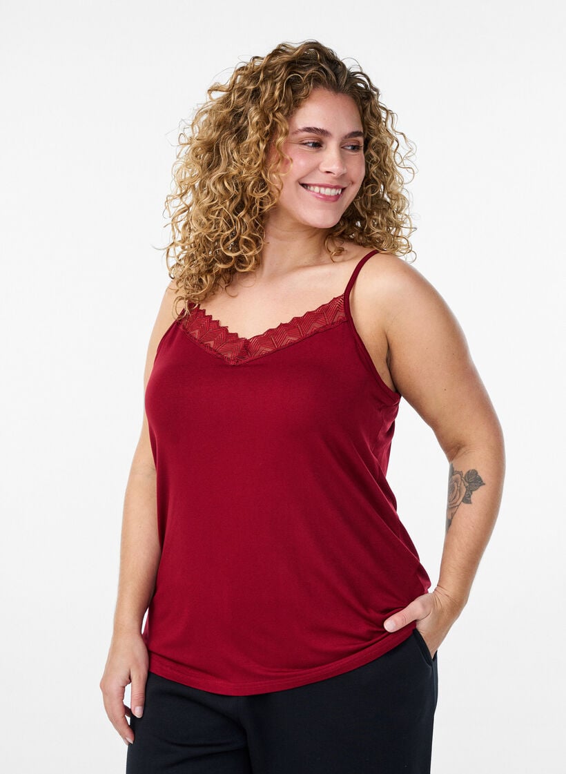 Top med blondedetalje og spaghettistropper, Brun, Model image number 0