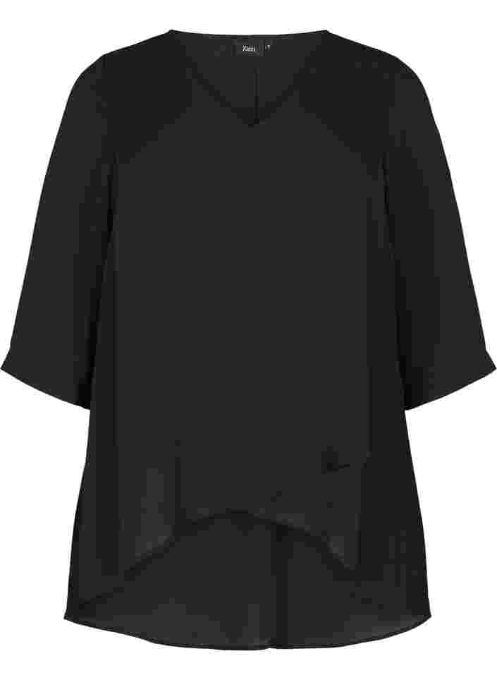 Bluse med 3/4 ærmer og v-hals, Black, Packshot image number 0