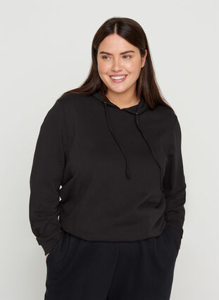 Sweatshirt med hætte og ribkanter, Black, Model image number 0