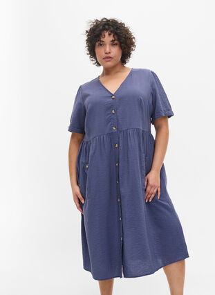 Kortærmet kjole med knapper og lommer, Nightshadow Blue, Model image number 0