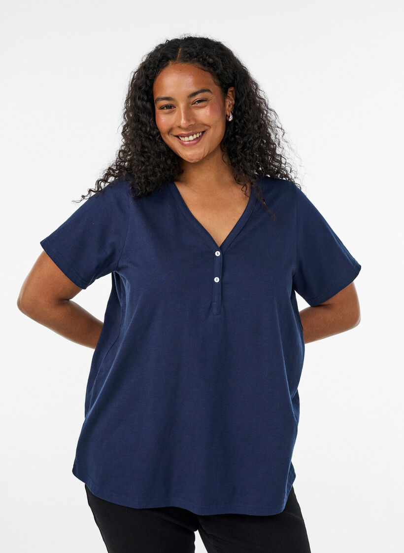 T-shirt med knapdetalje, Bl&aring;, Model image number 0