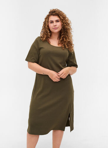Kortærmet kjole i ribkvalitet, Ivy Green, Model image number 0