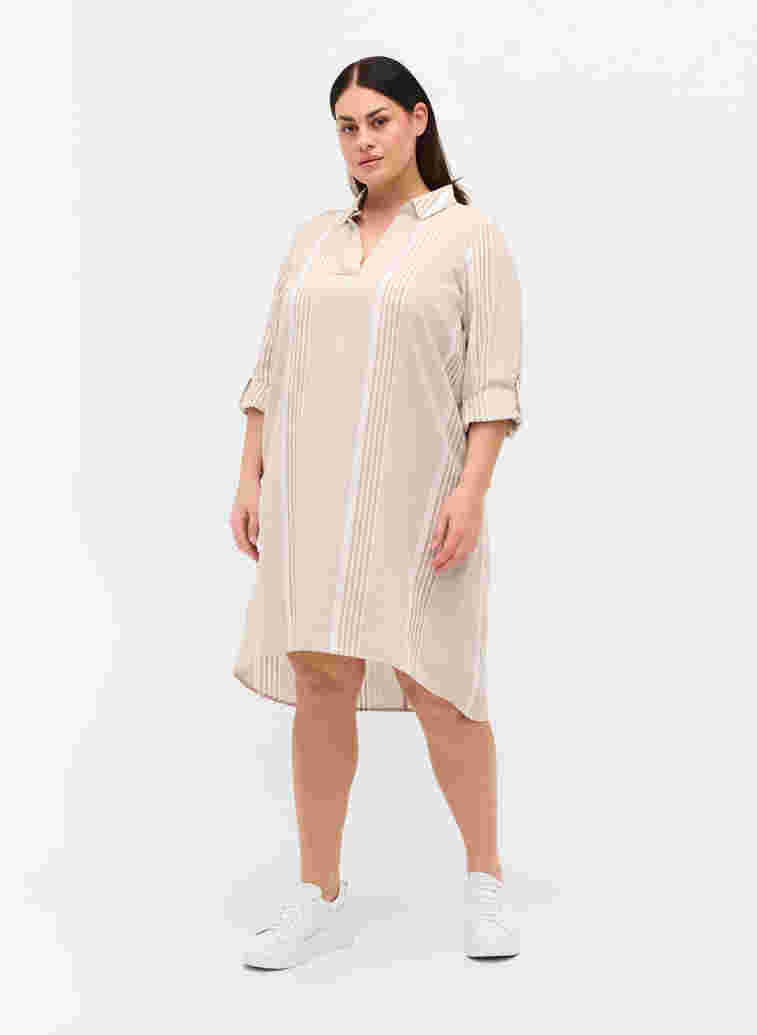 Kjole med v-udskæring og krave, White Taupe Stripe, Model image number 2