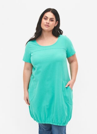 Kortærmet kjole i bomuld, Aqua Green, Model image number 0