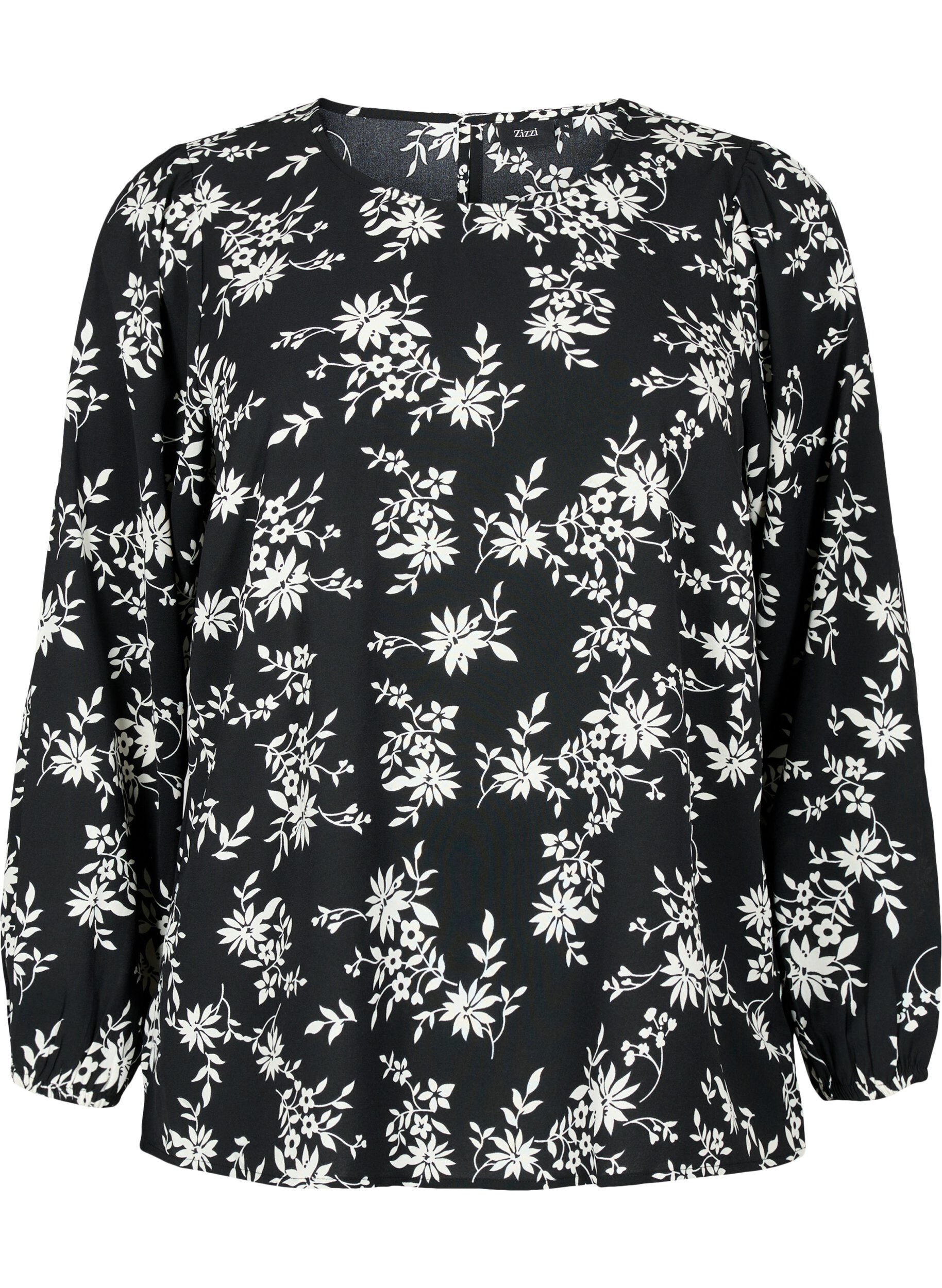 Zizzi Bluse med puf&aelig;rmer, Black Flower AOP, Packshot image number 0