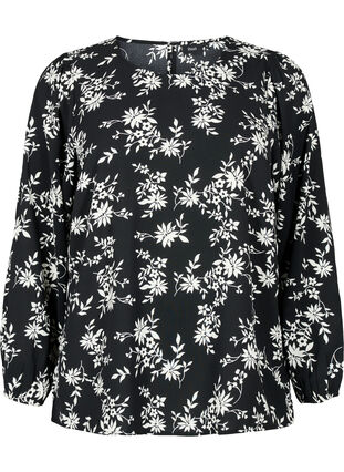 Bluse med pufærmer, Black Flower AOP, Packshot image number 0