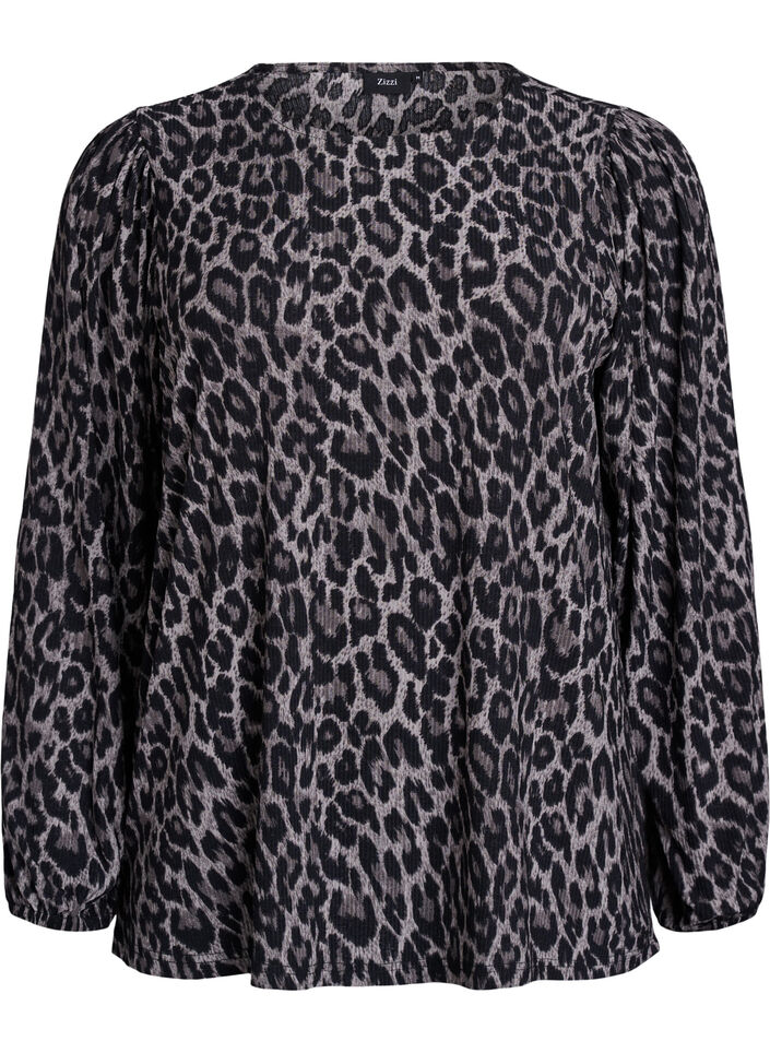 Bluse med lange &aelig;rmer og leoprint, Gr&aring;, Packshot image number 0