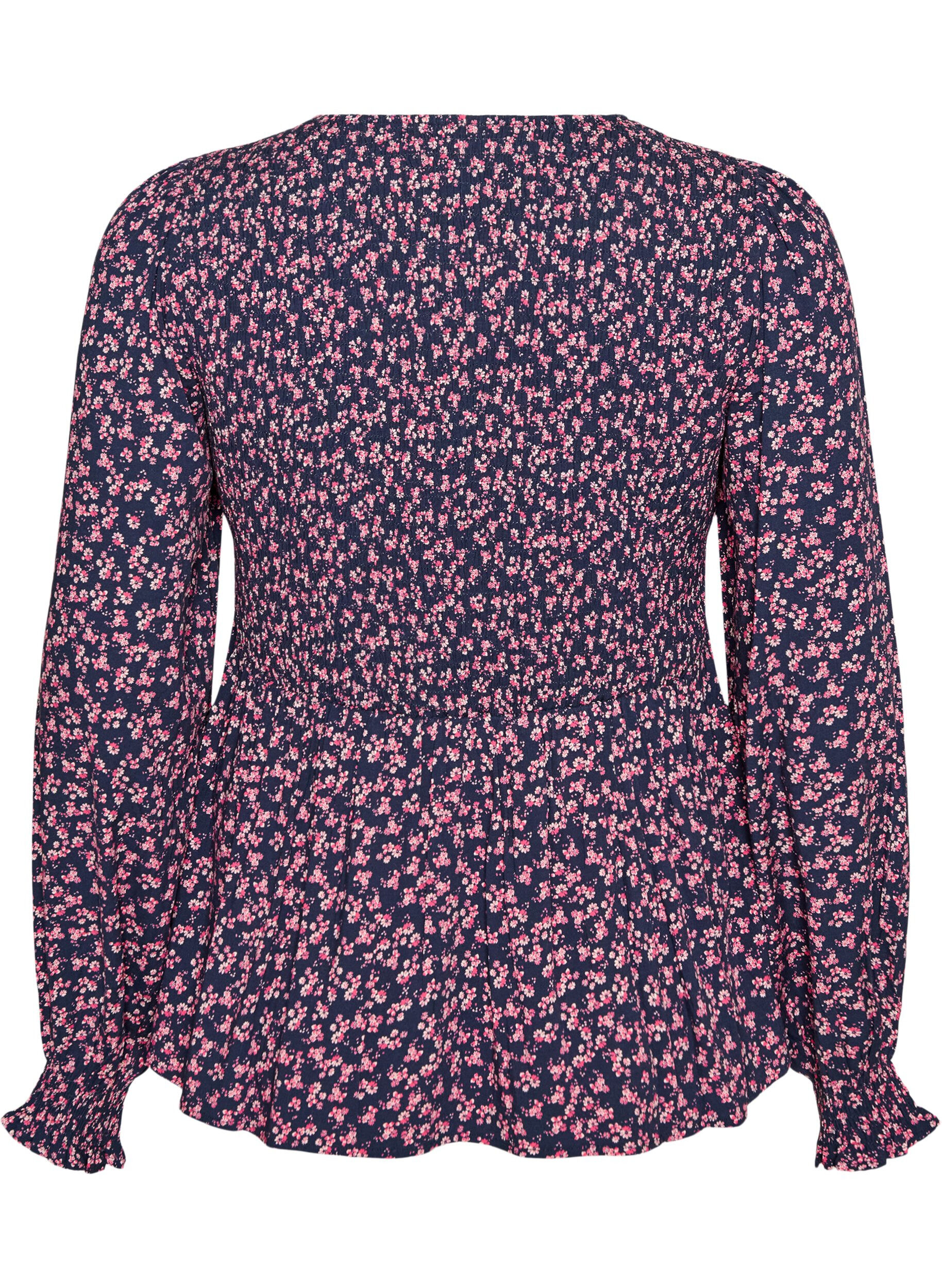 ZizziBluse med smockoverdel og blomsterprint, Bl&aring;, Packshot image number 1