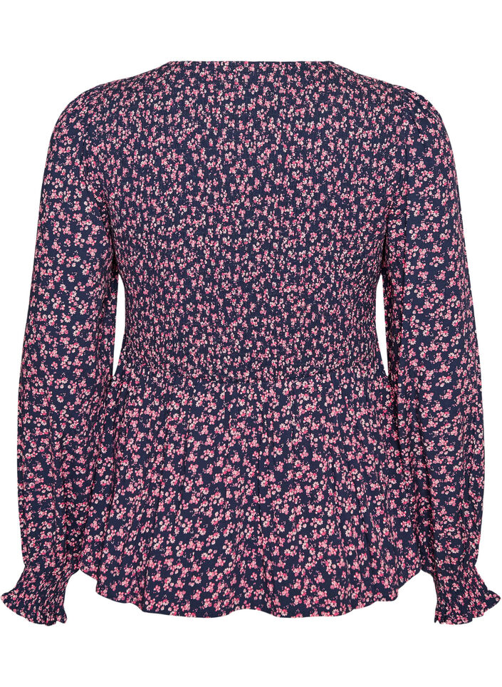 Bluse med smockoverdel og blomsterprint, Bl&aring;, Packshot image number 1