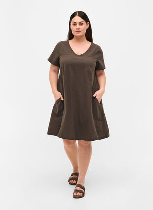 Kortærmet kjole i bomuld, Khaki Green, Model image number 2