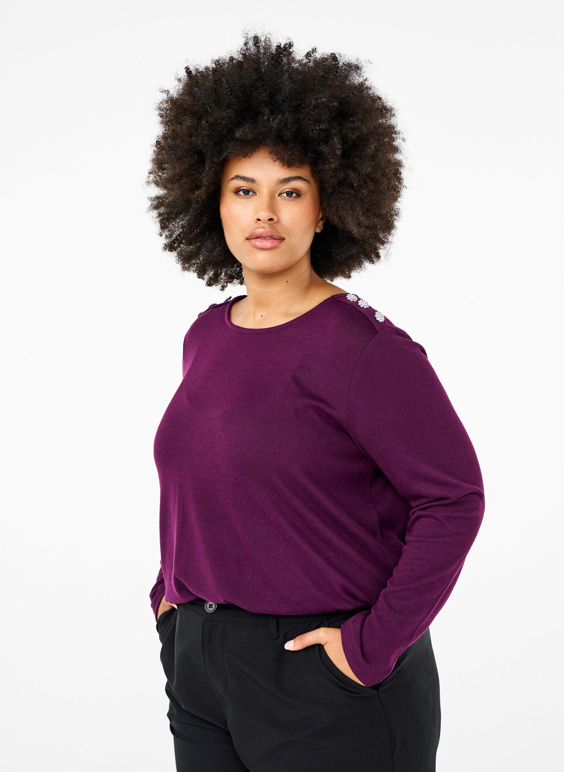 Zizzi Bluse med pynteknapper , Lilla, Model image number 0