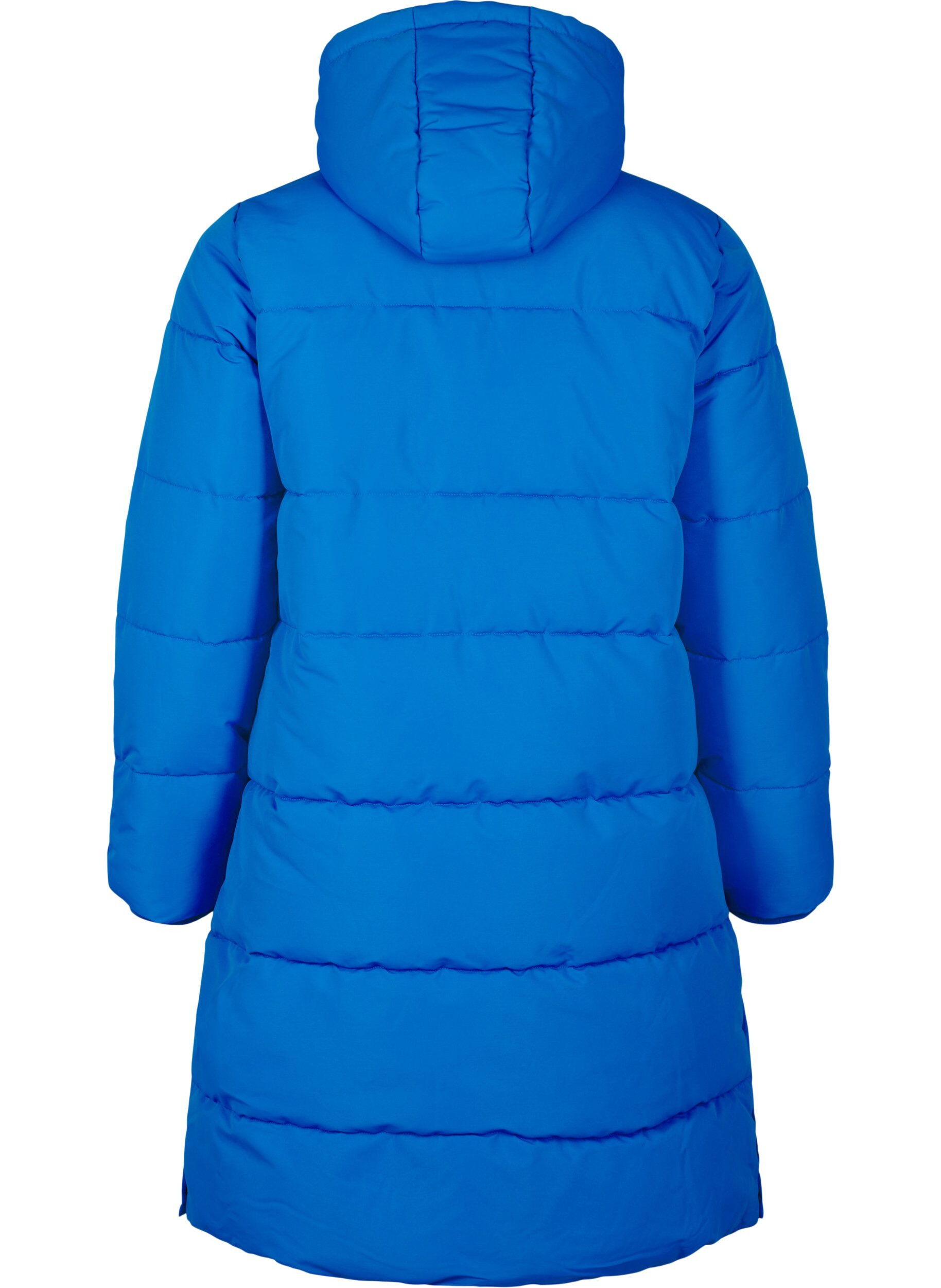 Zizzi Lang puffer jakke med lommer og h&aelig;tte, Bl&aring;, Packshot image number 1
