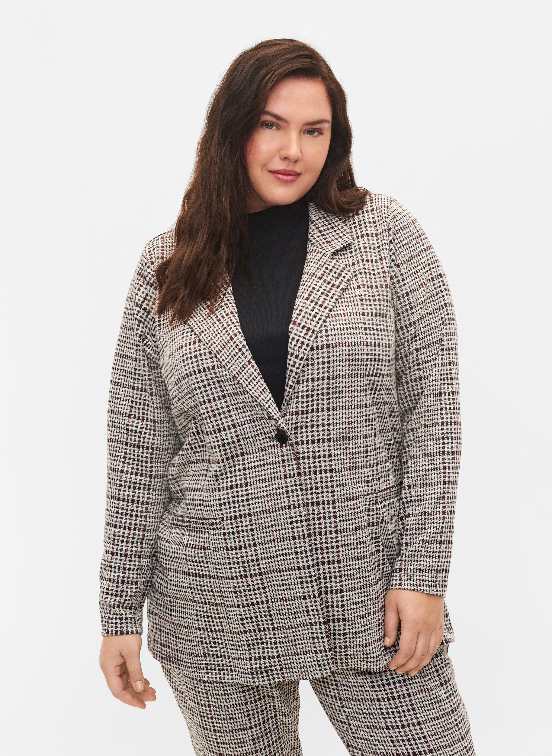 Zizzi Ternet blazer med knaplukning, Brown Check, Model image number 0