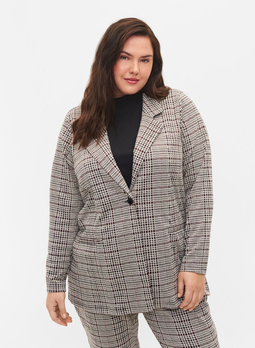 Ternet blazer med knaplukning, Brown Check, Model image number 0
