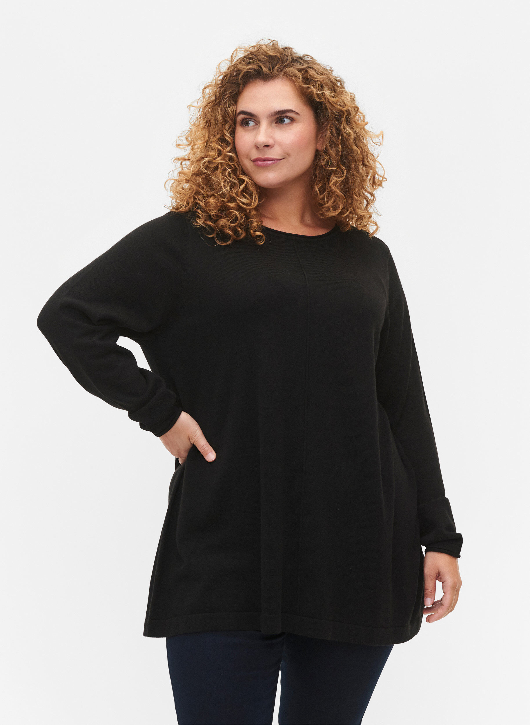 Strikbluse i bomulds-viskosemix, Sort, Model