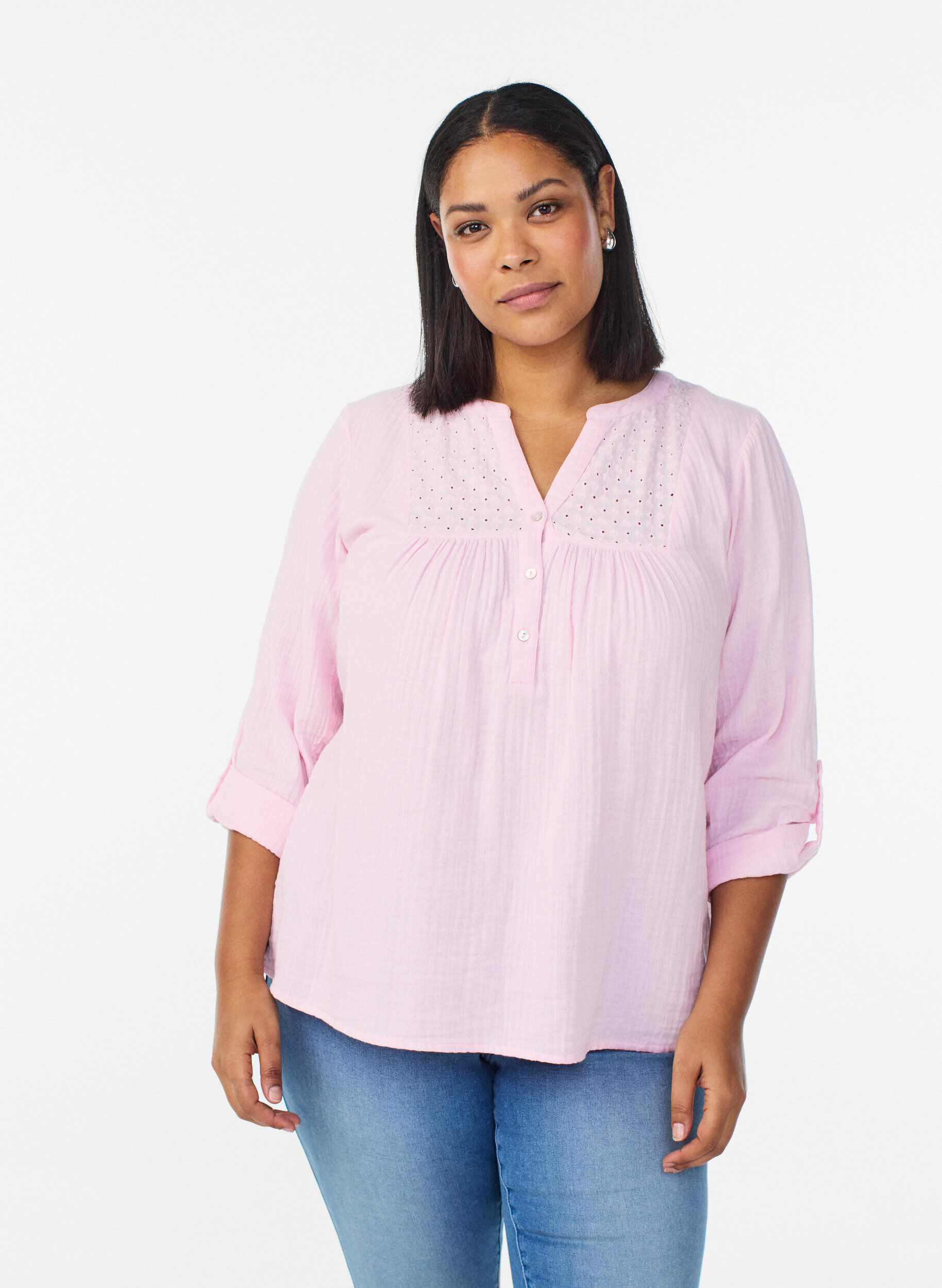 Zizzi Bluse i bomuldsmusselin med broderi anglaise, Lyser&oslash;d, Model image number 0