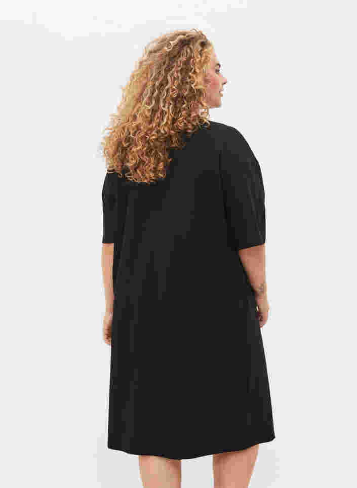 Kortærmet bomuldskjole med slids, Black, Model image number 1