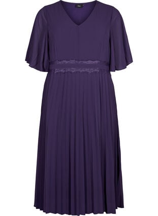 Plissé kjole med korte ærmer, Purple Velvet, Packshot image number 0