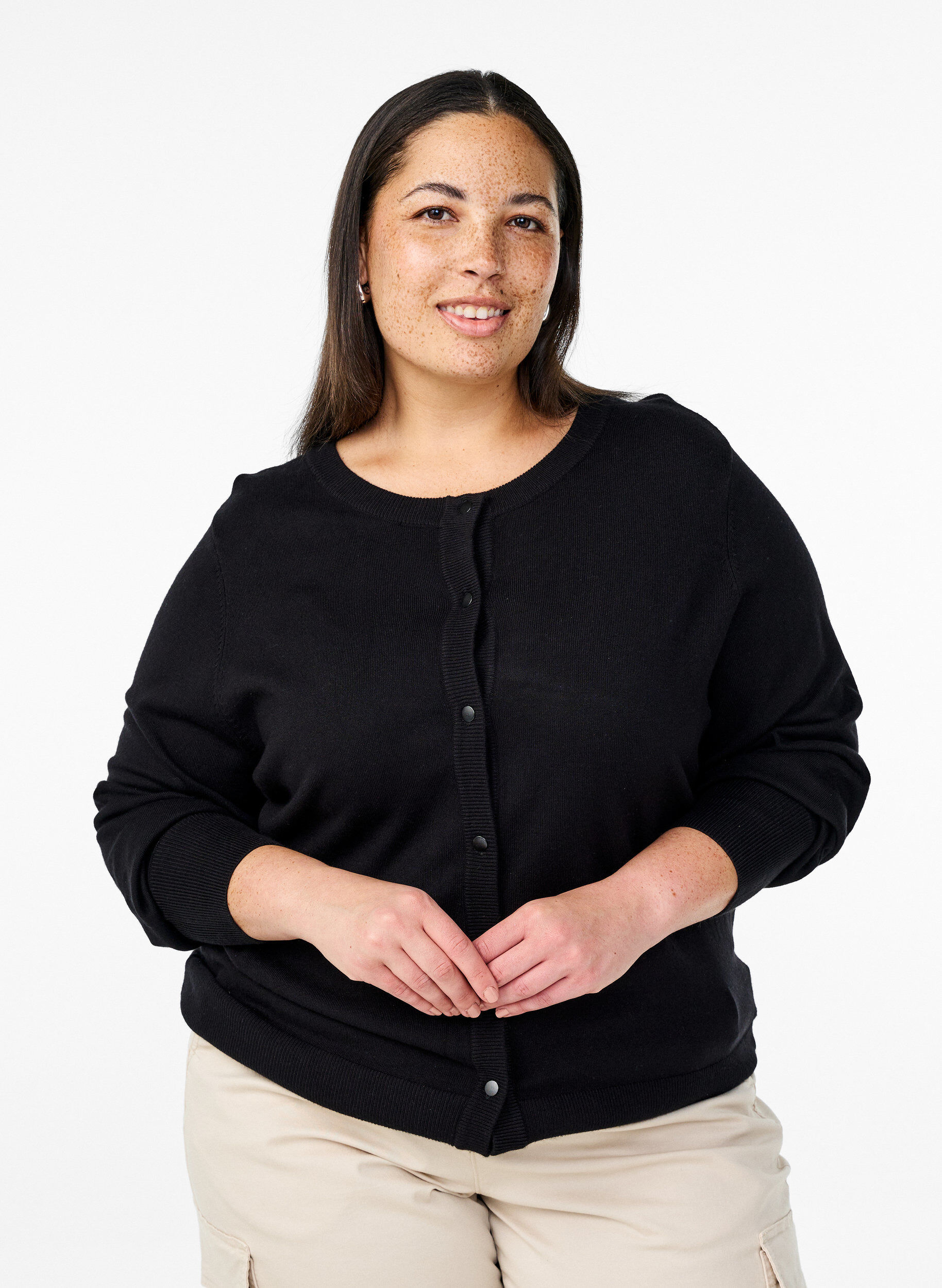 Zizzi Strikket cardigan med knapper i viskosemix, Black, Model image number 0