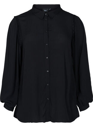 Langærmet viskose skjorte med flæsedetaljer, Black, Packshot image number 0
