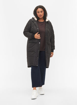 Quiltet jakke med hætte og justerbar talje, Black, Model image number 2