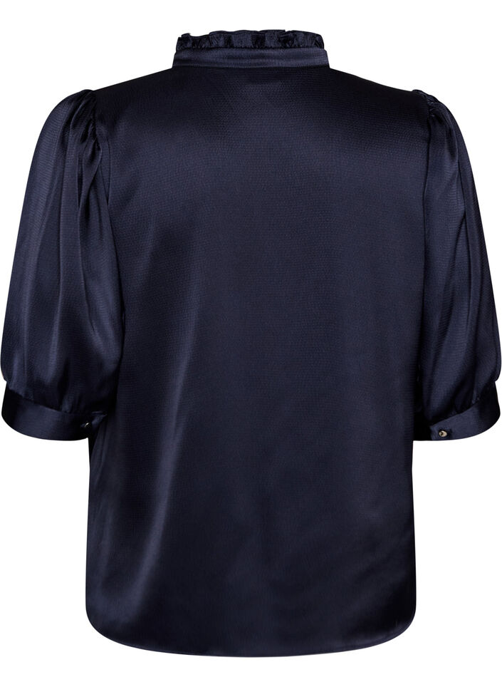 Bluse i satin-look med 1/2 &aelig;rmer og fl&aelig;sekrave, Bl&aring;, Packshot image number 1