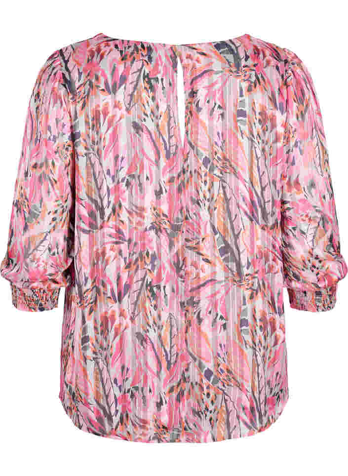 Printet bluse med v-hals og 3/4 ærmer, Pink Feather, Packshot image number 1