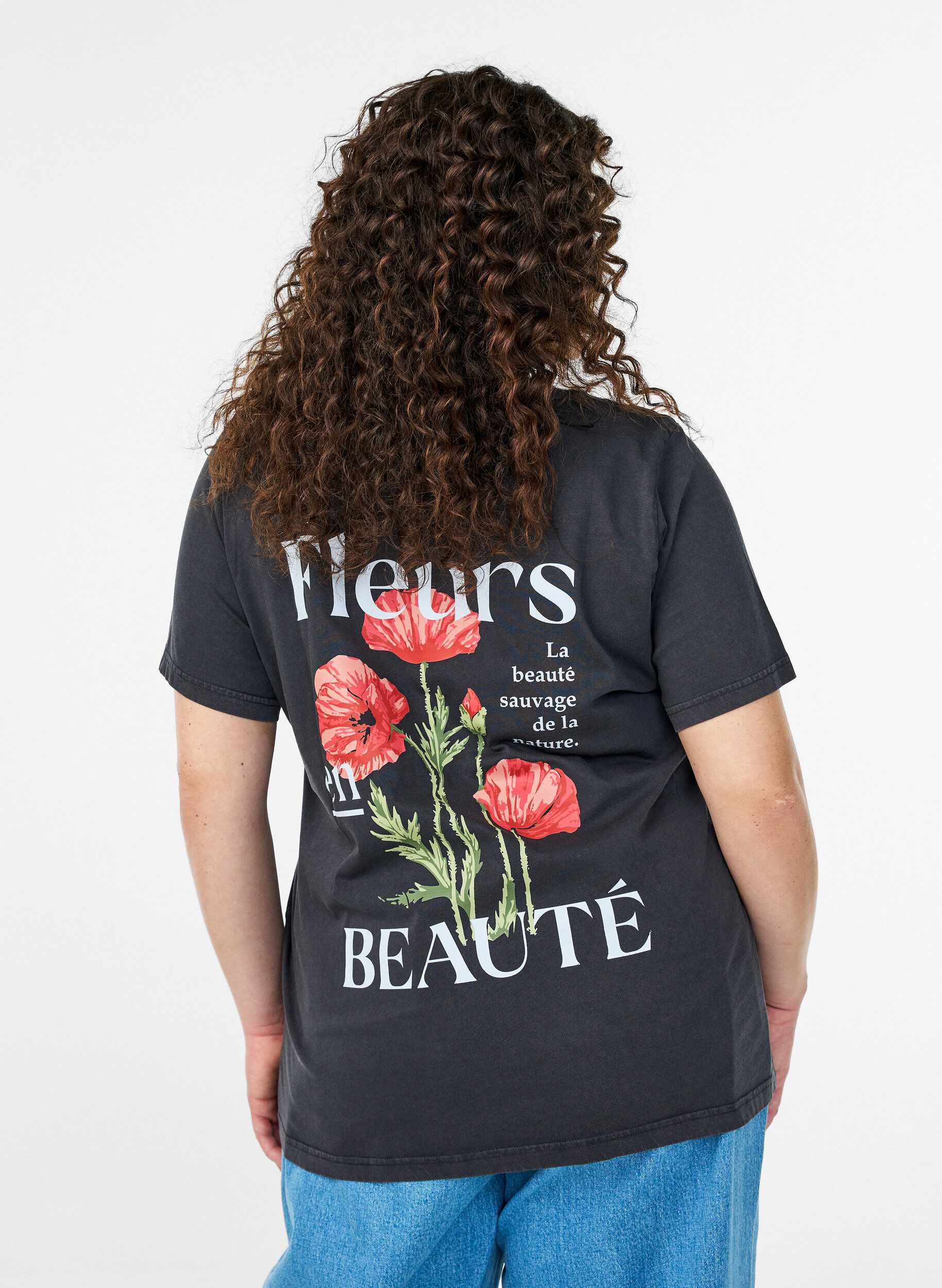 Zizzi T-shirt i bomuld med front- og rygprint, Gr&aring;, Model image number 2