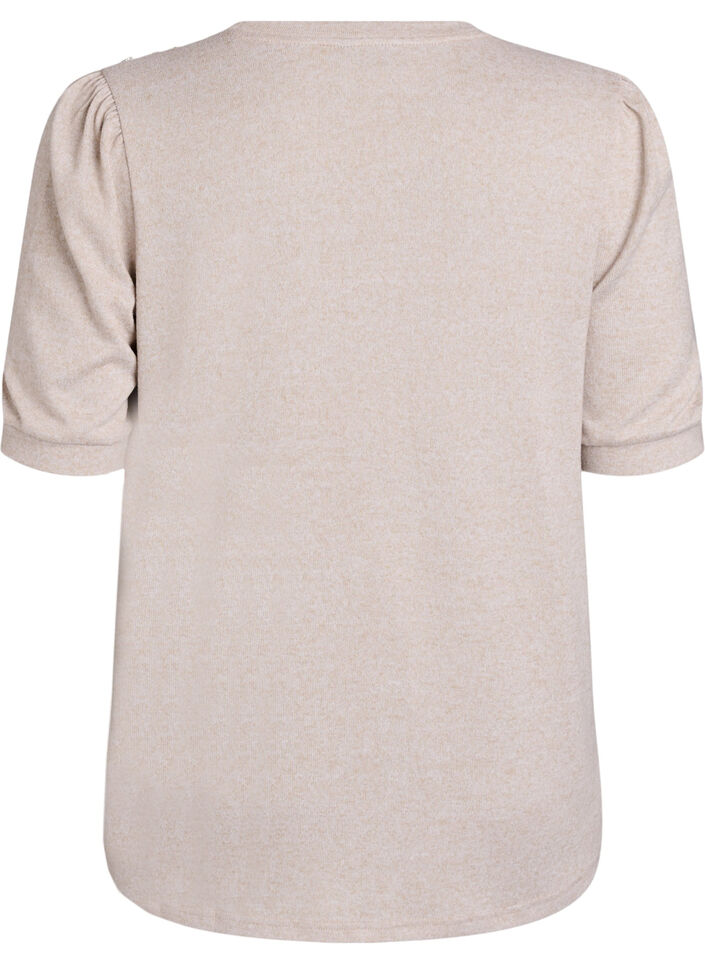 Bluse med knapdetalje og korte pufærmer, Beige, Packshot image number 1