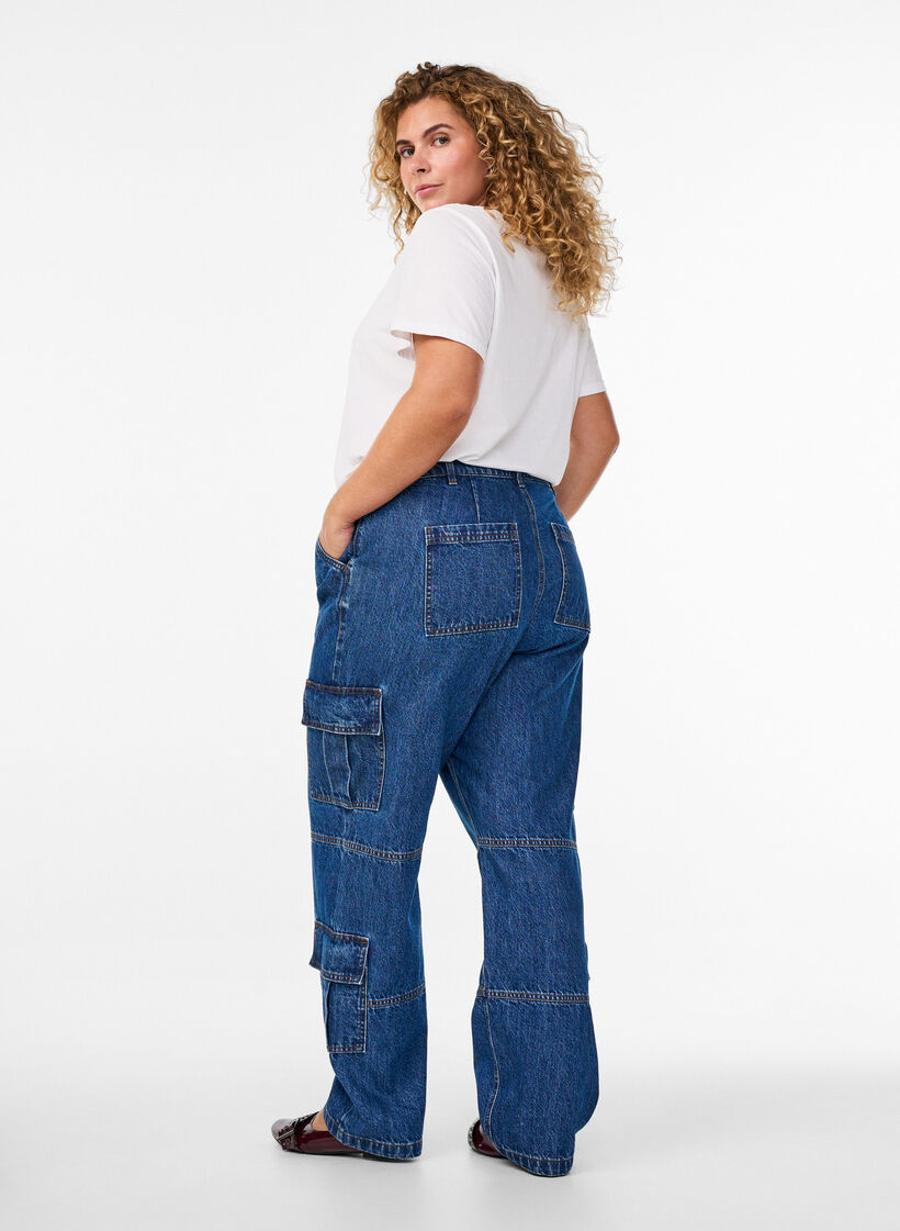 Cargojeans med høj talje, Blå, Model image number 1