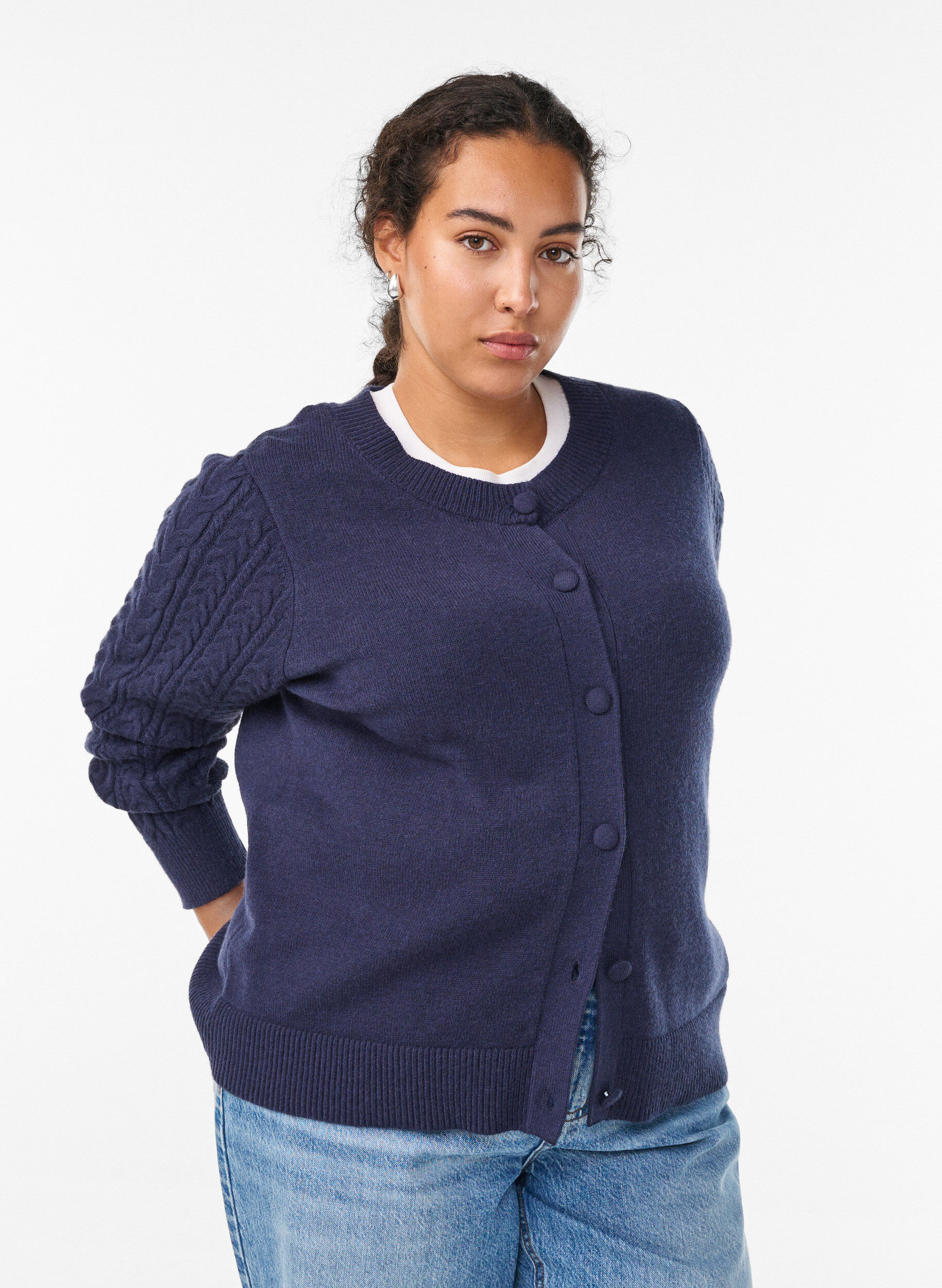 Cardigan med kabelstrikkede &aelig;rmer, Bl&aring;, Model