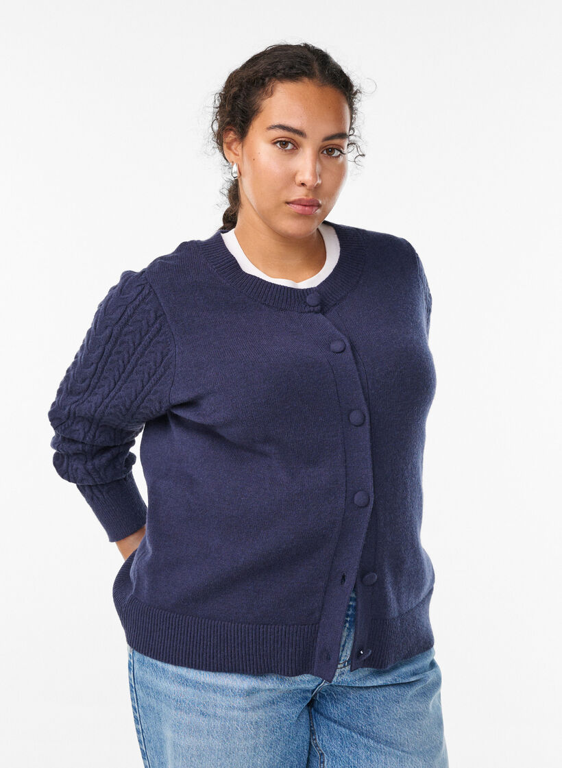 Cardigan med kabelstrikkede ærmer, Blå, Model image number 0