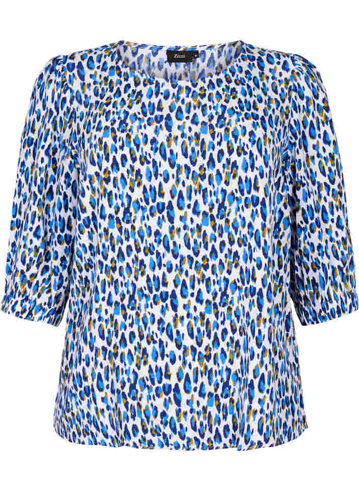 Bluse med print og 3/4 ærmer, Blue Leo AOP, Packshot image number 0