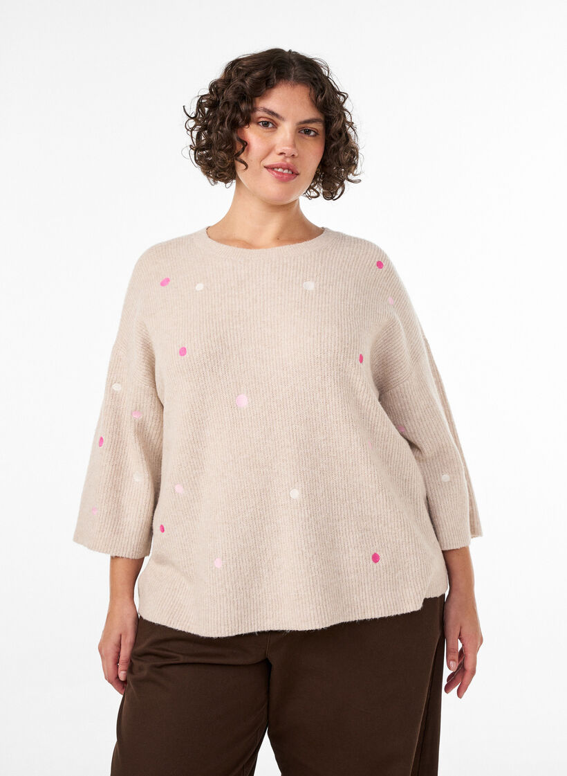 Strikbluse med sm&aring; broderede motiver, Beige, Model image number 0