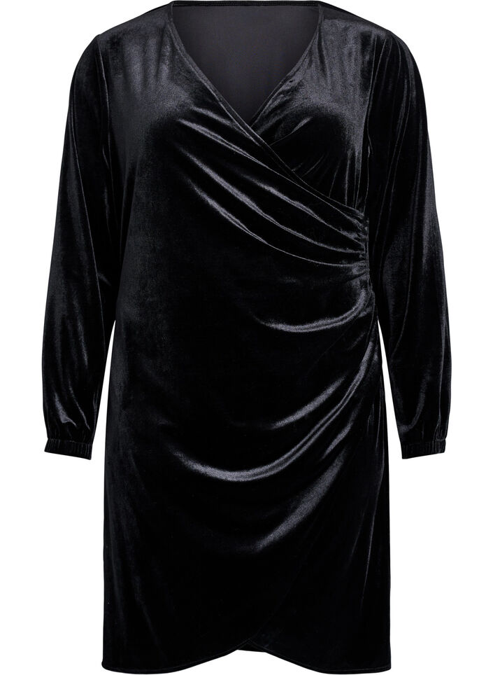 Kort velourkjole med slå-om effekt, Sort, Packshot