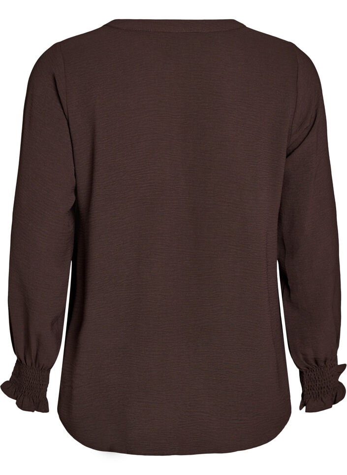 Bluse med smock manchetter og V-udsk&aelig;ring, Brun, Packshot image number 1