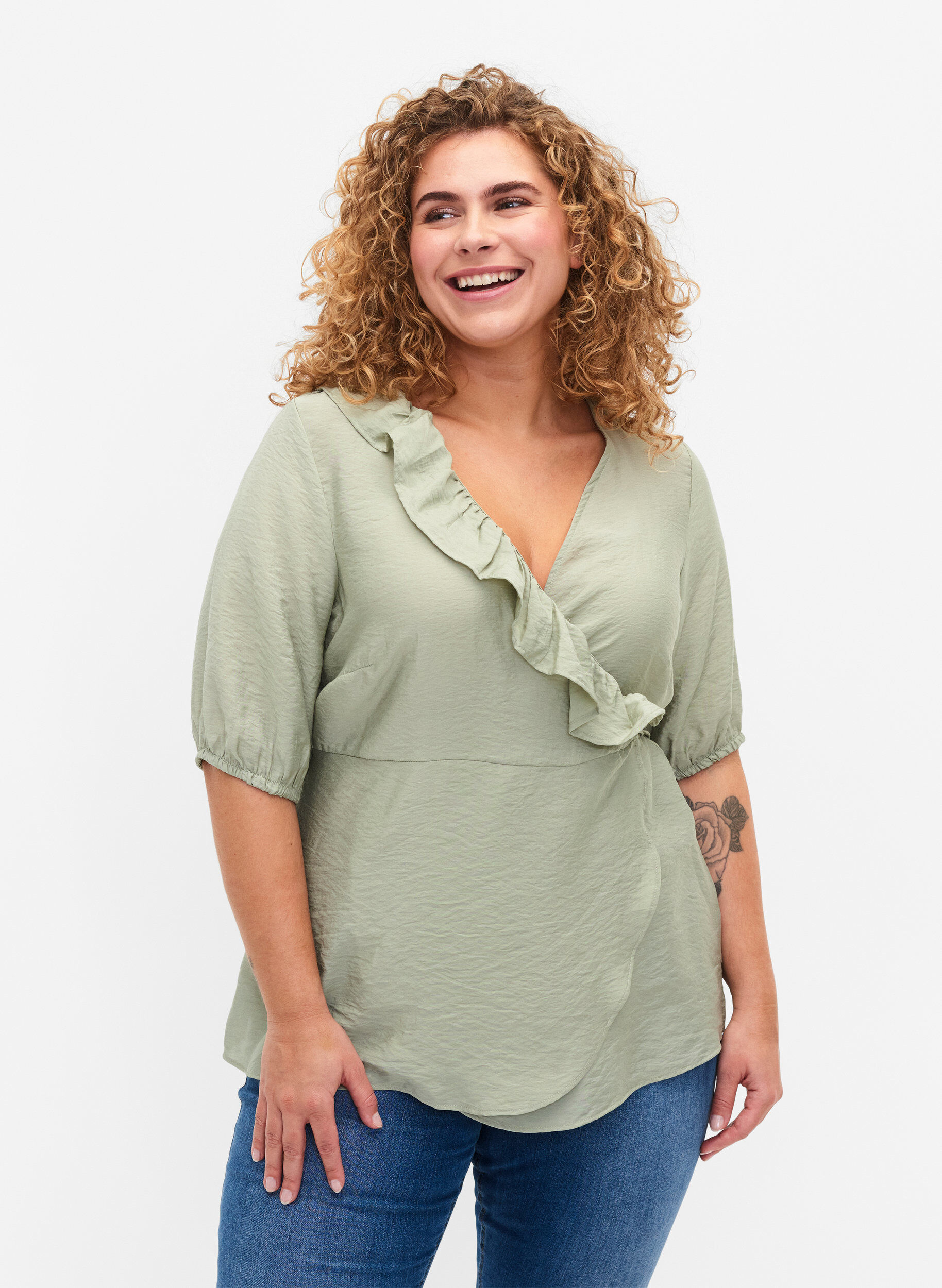 Zizzi Wrap bluse i viskose med 1/2 &aelig;rmer, Seagrass , Model image number 0