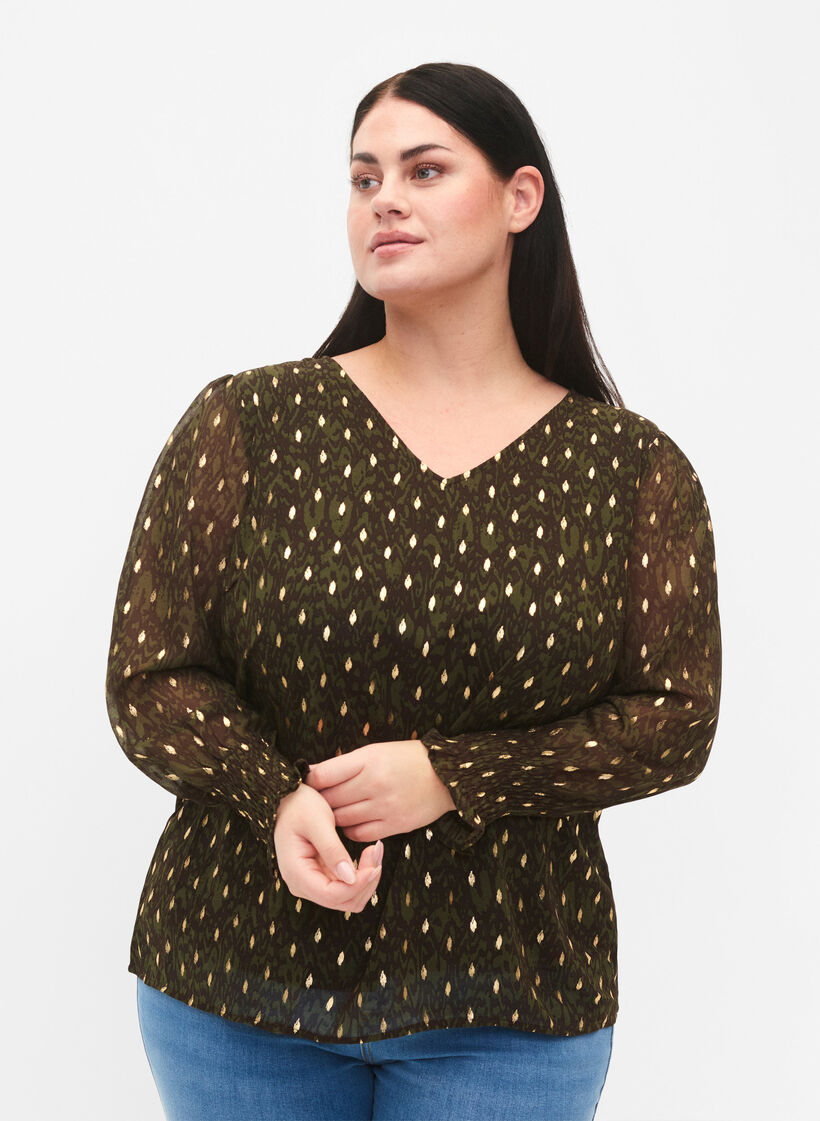 Bluse med print og lange ærmer, Green Ethnic AOP, Model image number 0