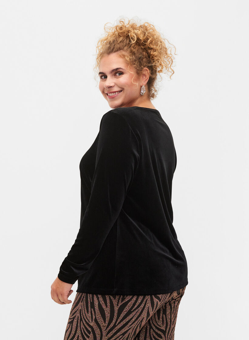 Velourbluse med lange ærmer, Black, Model image number 1