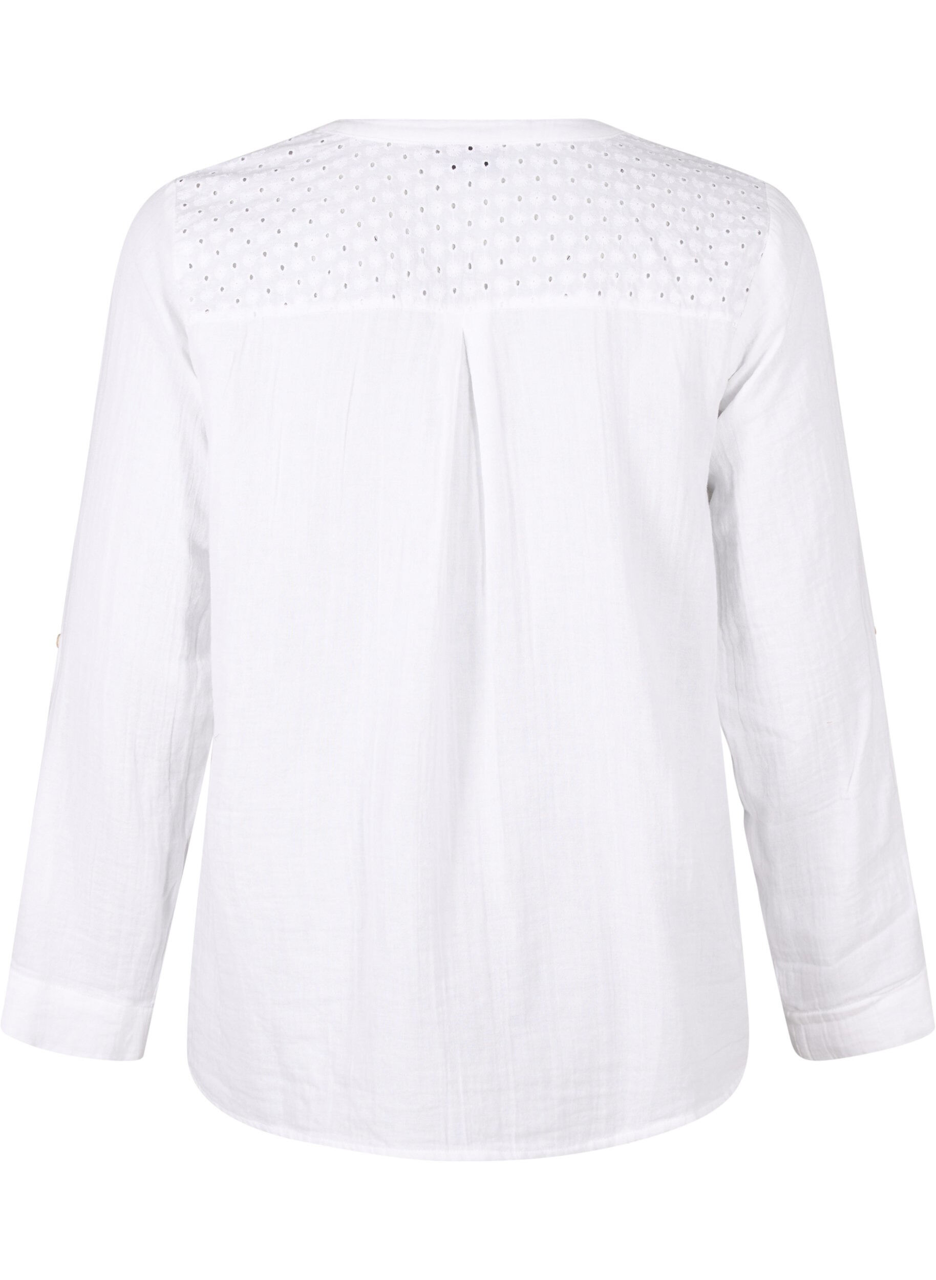 Zizzi Bluse i bomuld med broderi anglaise og 3/4 &aelig;rmer, Bright White, Packshot image number 1
