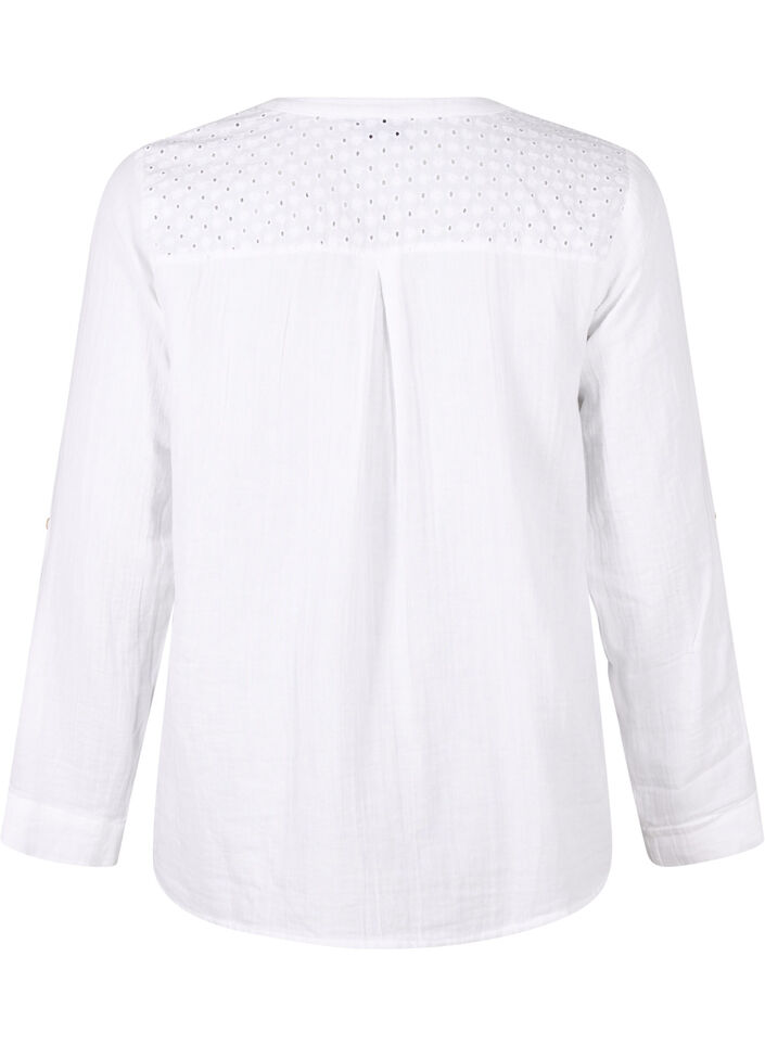 Bluse i bomuld med broderi anglaise og 3/4 ærmer, Bright White, Packshot image number 1