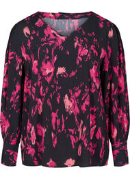 Langærmet viskose bluse med print, Black Pink AOP